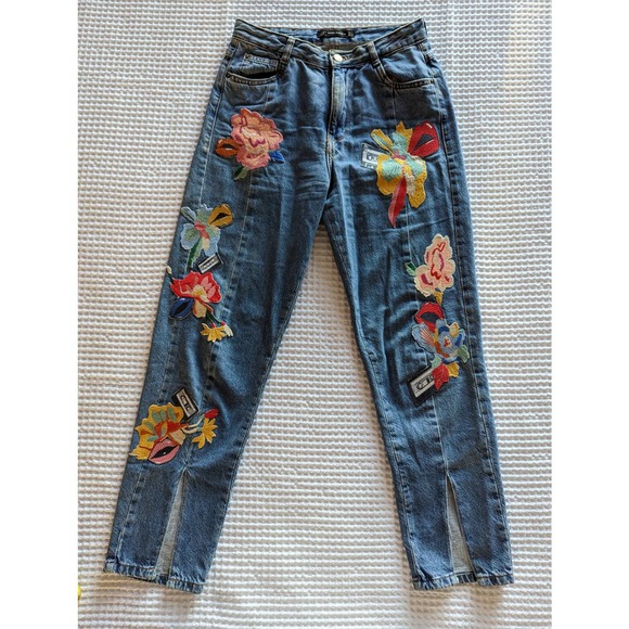 NWOT ZARA Trafaluc Denimwear Floral Embroidered Patch Slit Jeans Size 4 - Picture 13 of 16